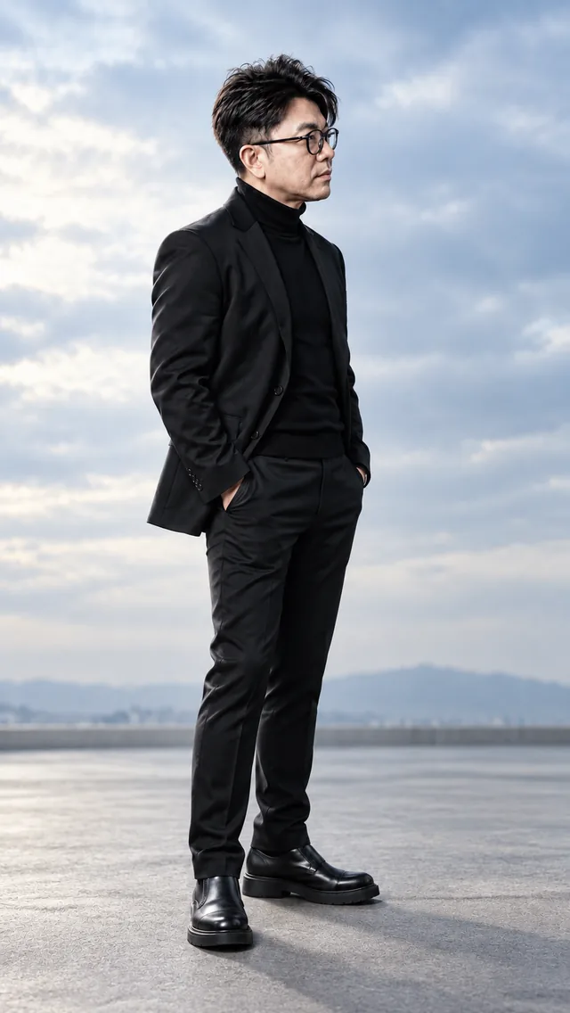 Cloudy Soft Light: the same man in a black suit, showing airy · soft · luminous light.