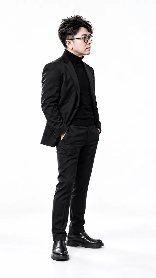 High Key: the same man in a black suit, showing bright · optimistic · clean light.