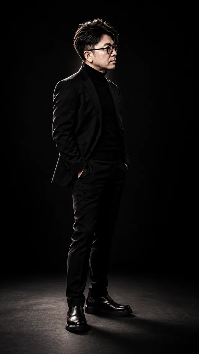 Low Key: the same man in a black suit, showing intimate · restrained · dramatic light.