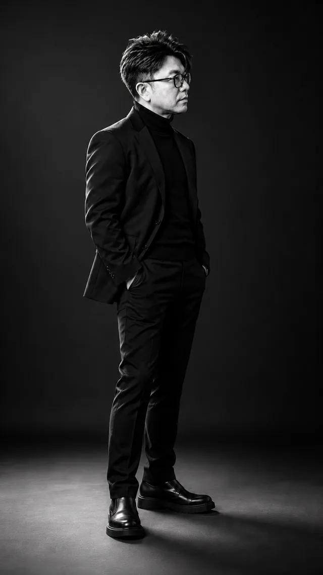 Monochrome: the same man in a black suit, showing timeless · textural · focused light.