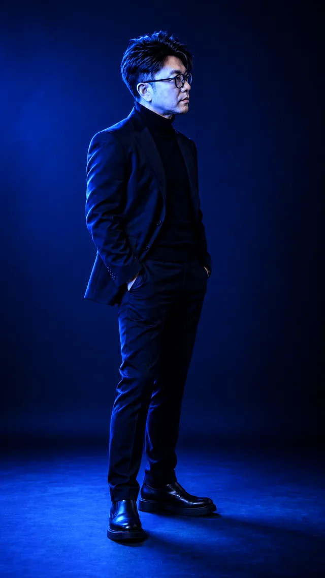 Colour Gel — Blue: the same man in a black suit, showing cool · electric · distant light.