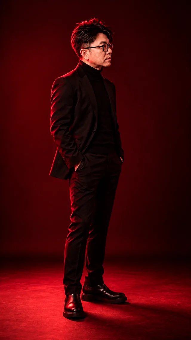Colour Gel — Red: the same man in a black suit, showing bold · intense · urgent light.