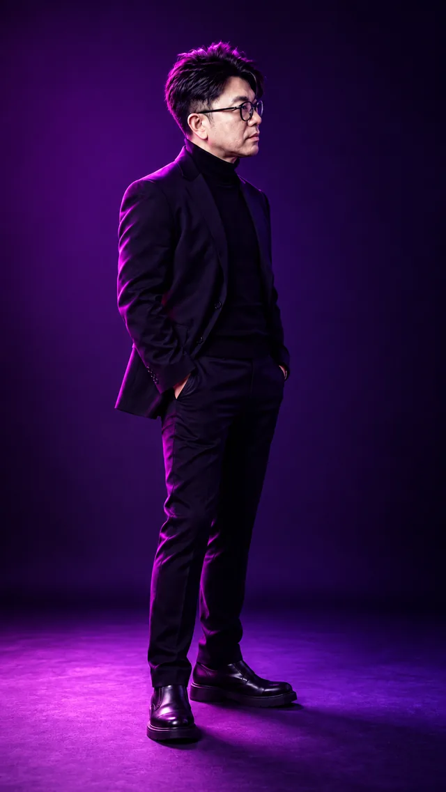 Colour Gel — Purple: the same man in a black suit, showing dreamlike · creative · unusual light.