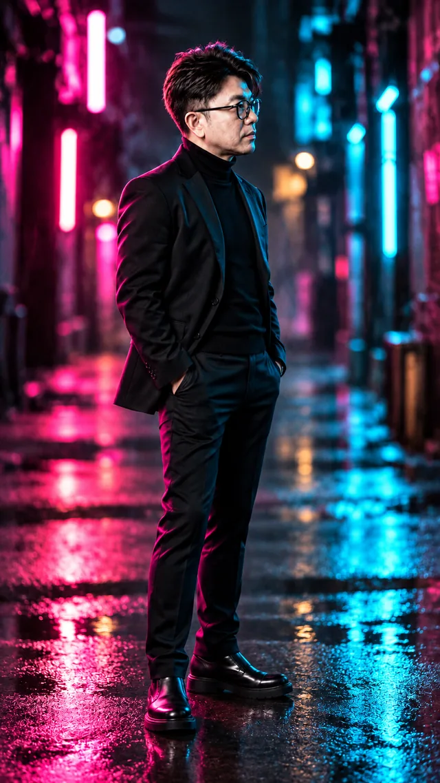 Neon Light: the same man in a black suit, showing electric · urban · energetic light.