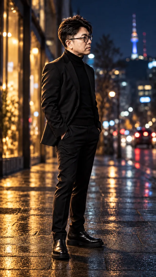 City Night Light: the same man in a black suit, showing urban · observational · calm light.