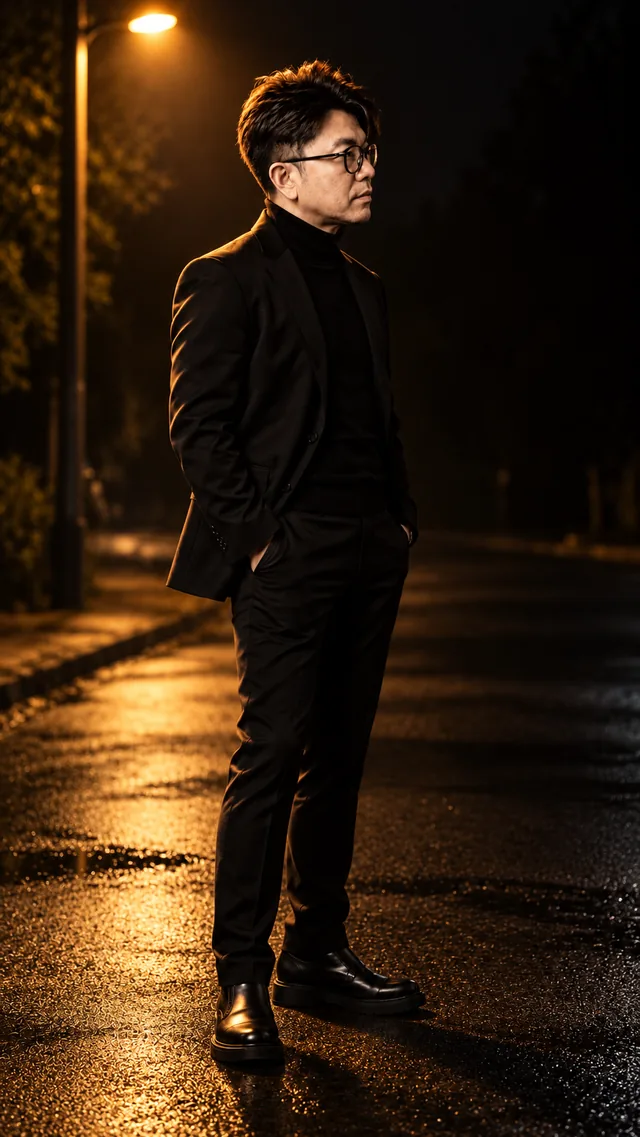 Street Light: the same man in a black suit, showing solitary · warm · cinematic light.