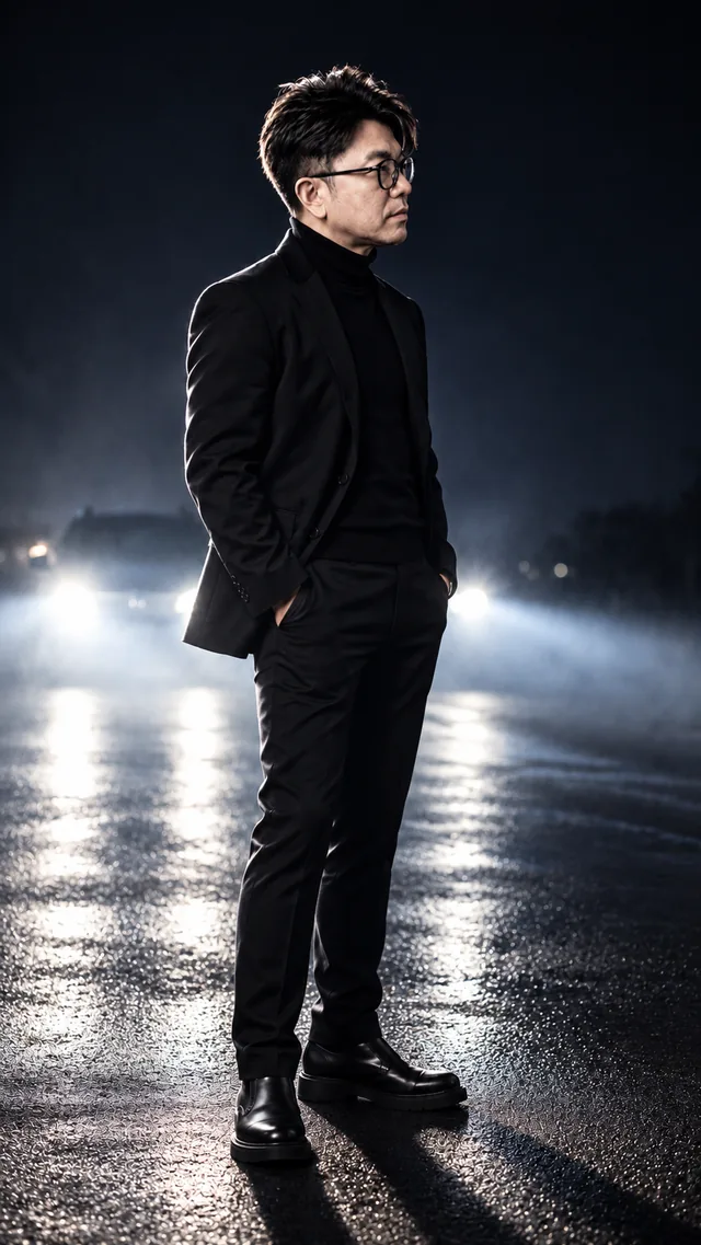 Car Headlight: the same man in a black suit, showing tense · hard · narrative light.