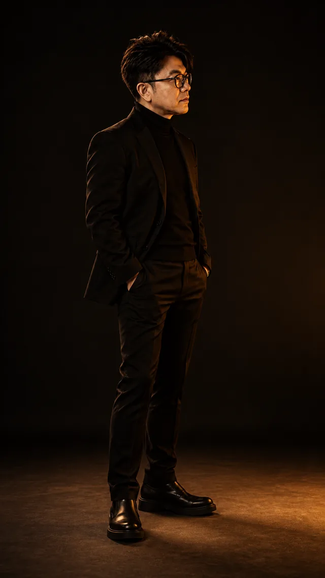 Candle Light: the same man in a black suit, showing intimate · warm · fragile light.