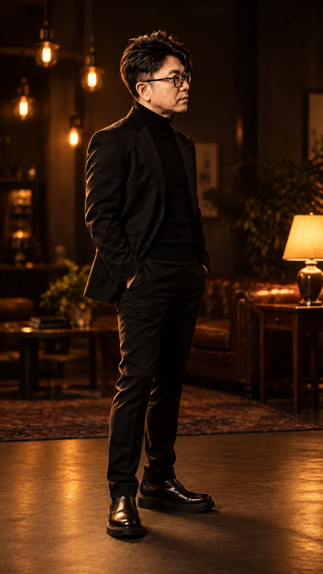 Practical Light: the same man in a black suit, showing lived-in · warm · believable light.