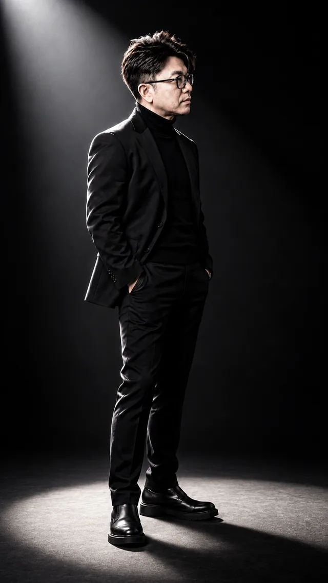 Spotlight: the same man in a black suit, showing focused · isolated · theatrical light.