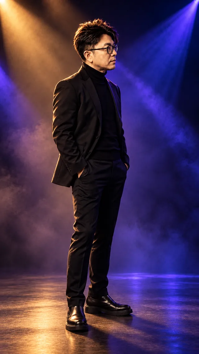 Stage Light: the same man in a black suit, showing expressive · layered · performative light.