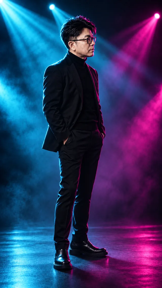 Concert Light: the same man in a black suit, showing energetic · immersive · intense light.