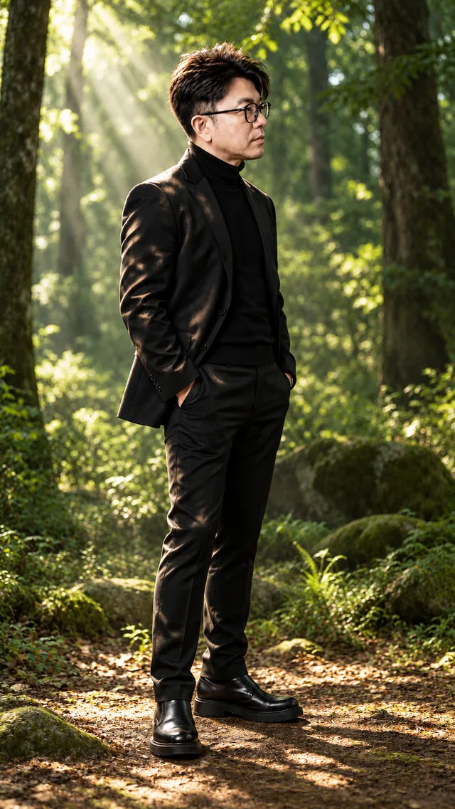Forest Light: the same man in a black suit, showing organic · dappled · atmospheric light.