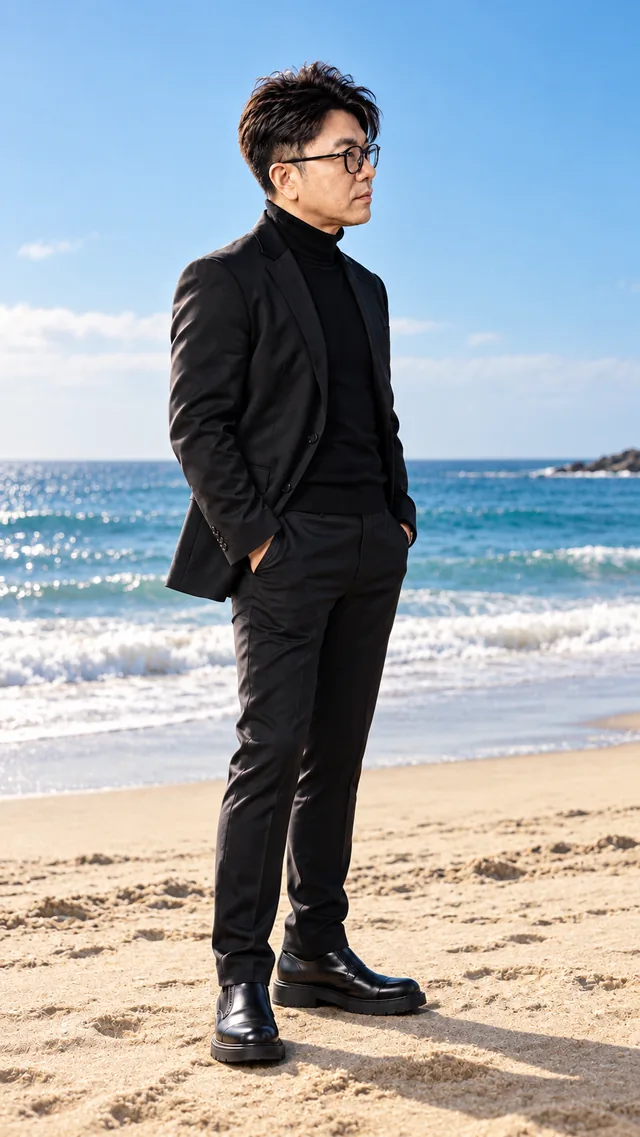 Beach Light: the same man in a black suit, showing open · fresh · expansive light.