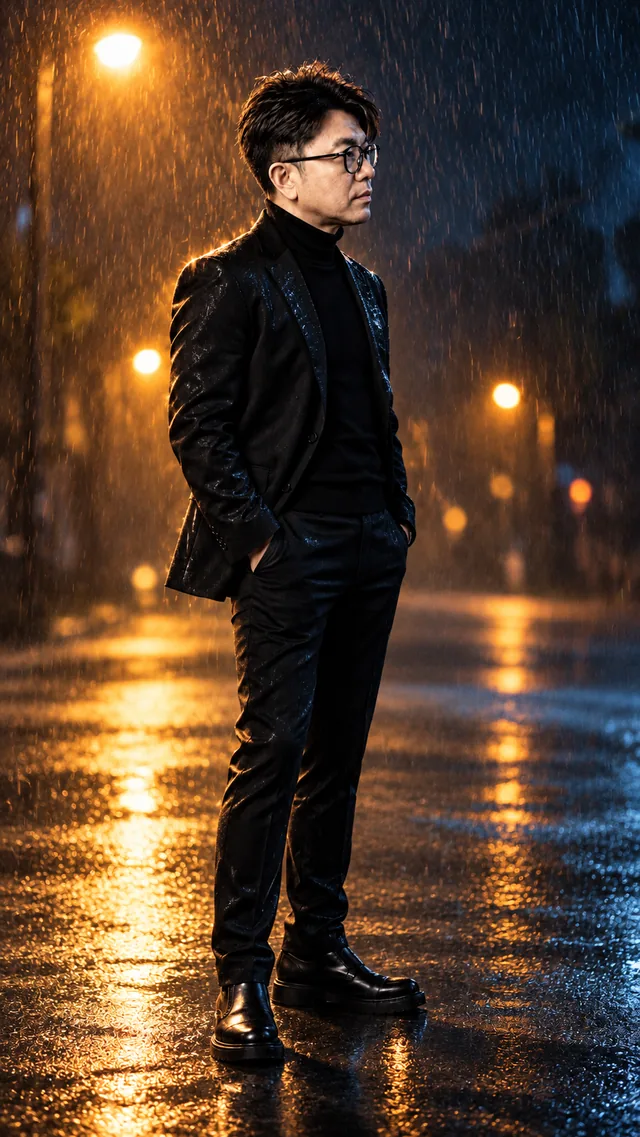 Rainy Night: the same man in a black suit, showing reflective · moody · cinematic light.
