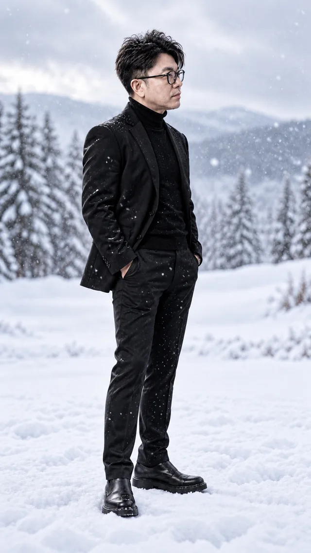 Snow Light: the same man in a black suit, showing cool · quiet · luminous light.