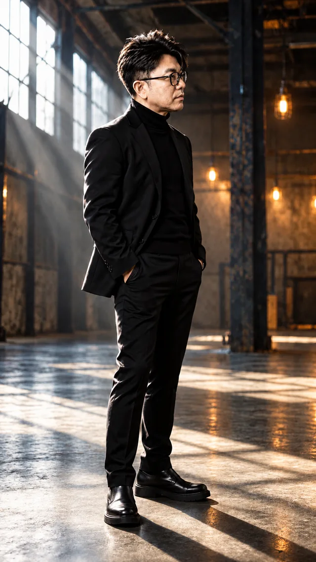 Industrial Light: the same man in a black suit, showing raw · structural · contrasting light.