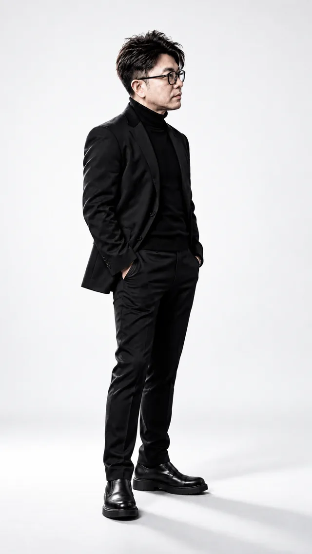 Minimal White: the same man in a black suit, showing precise · clean · modern light.