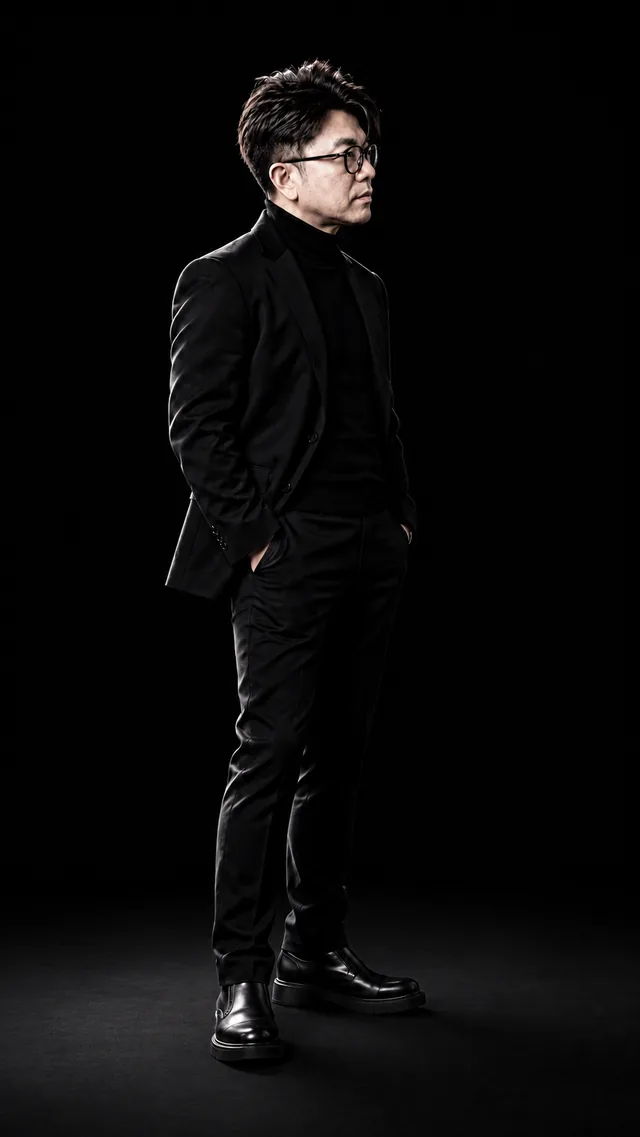 Minimal Black: the same man in a black suit, showing restrained · elegant · focused light.