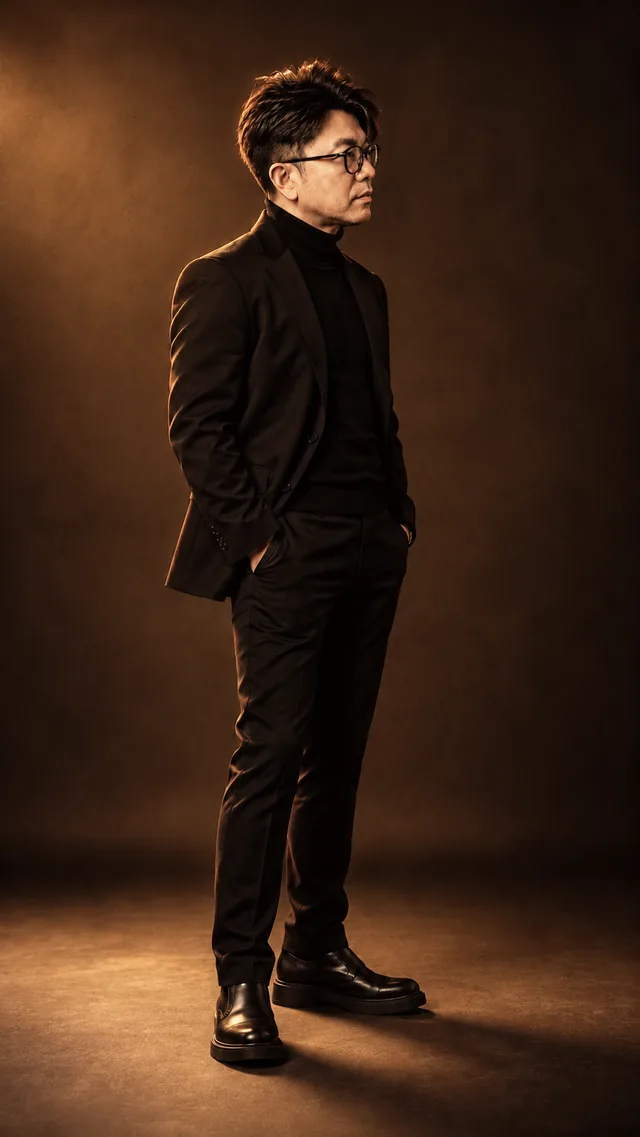 Vintage Light: the same man in a black suit, showing warm · nostalgic · textural light.