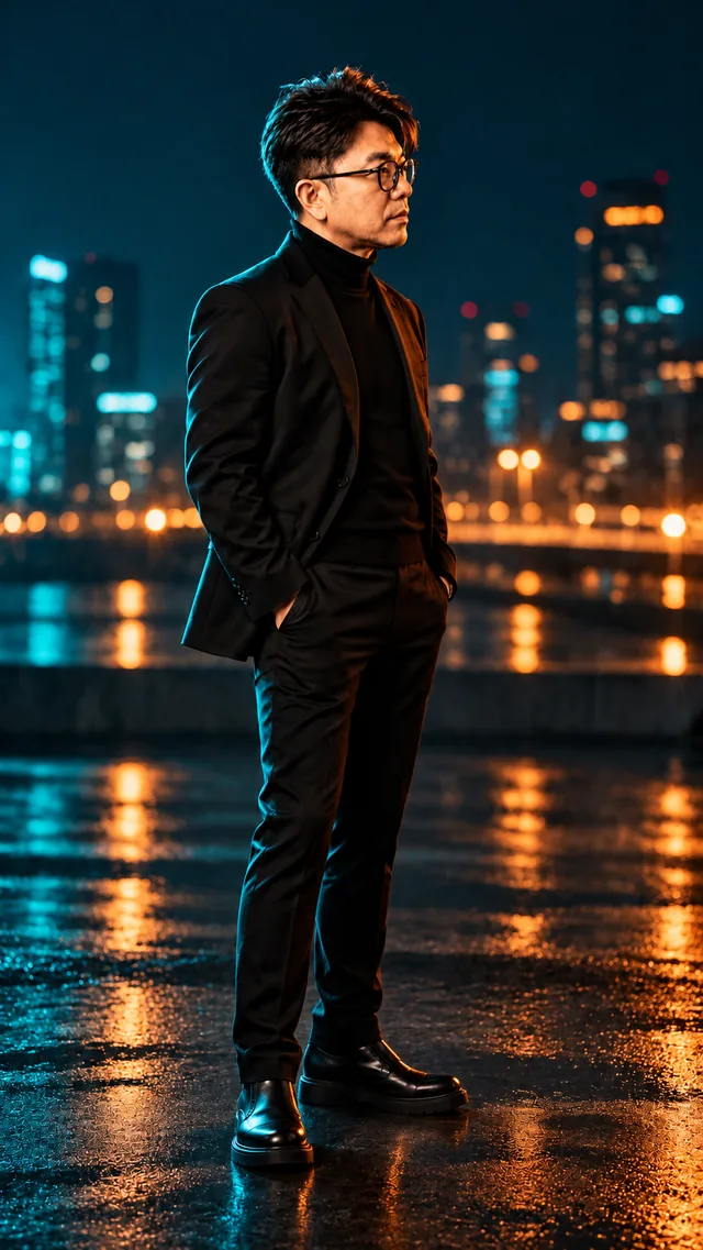 Cinematic Teal & Orange: the same man in a black suit, showing cinematic · contrasting · immersive light.